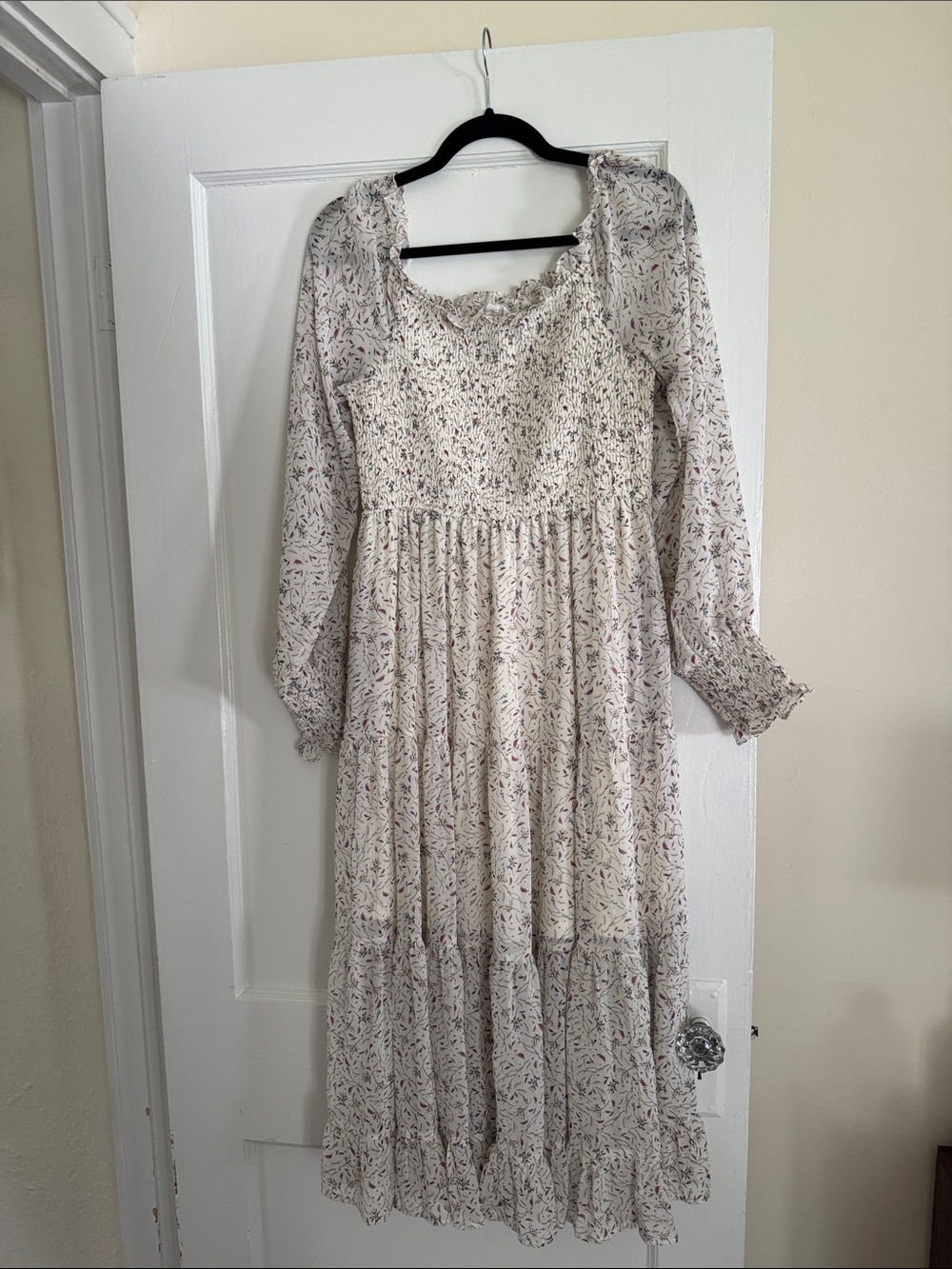 Boho Floral Maxi Dress - Cream with Pink & Green Print